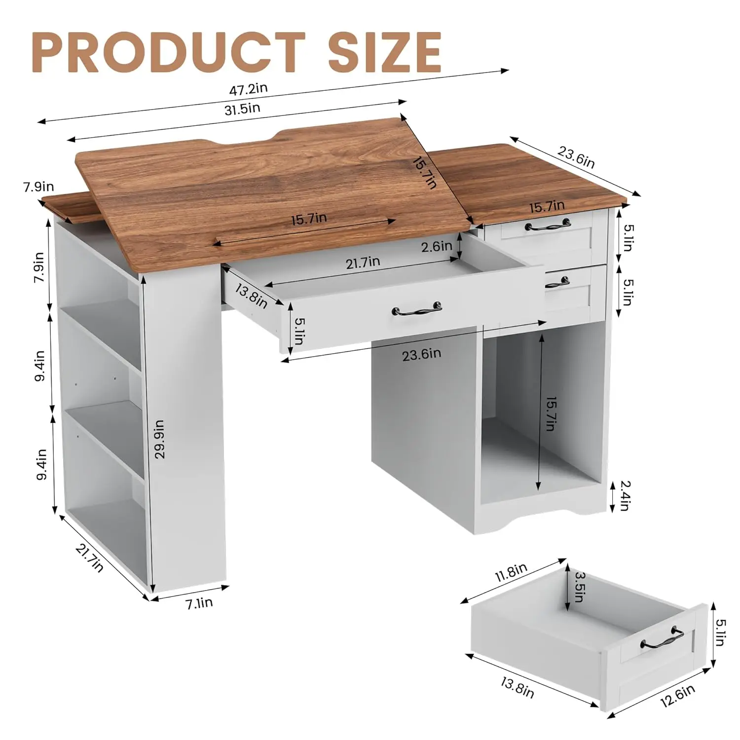 Drafting Table with Storage Cabinet & Drawers, Adjustable Drawing Table with Open Shelves, Craft Art Desk for, Customized view 3