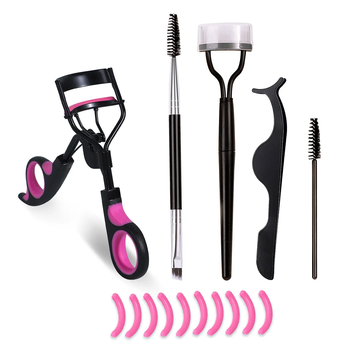 6-teiliges Wimpernwerkzeug-Set, Edelstahl-Wimpernzange mit zweifarbigem schwarzem Griff, für Wimpernverlängerung und Wimpernformung