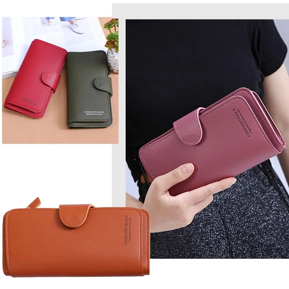 Retro PU Leather Solid Color Wallet Large Capacity Phone Holder Women Hasp Coin Purse Simple Zipper Purse