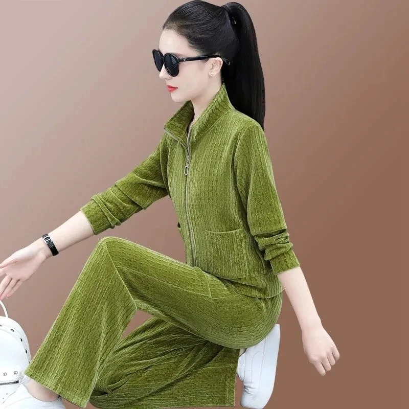 

2025 Spring Autumn new women long-sleeved sportswear set fashion loose zipper top wide-leg trousers casual two-piece sets