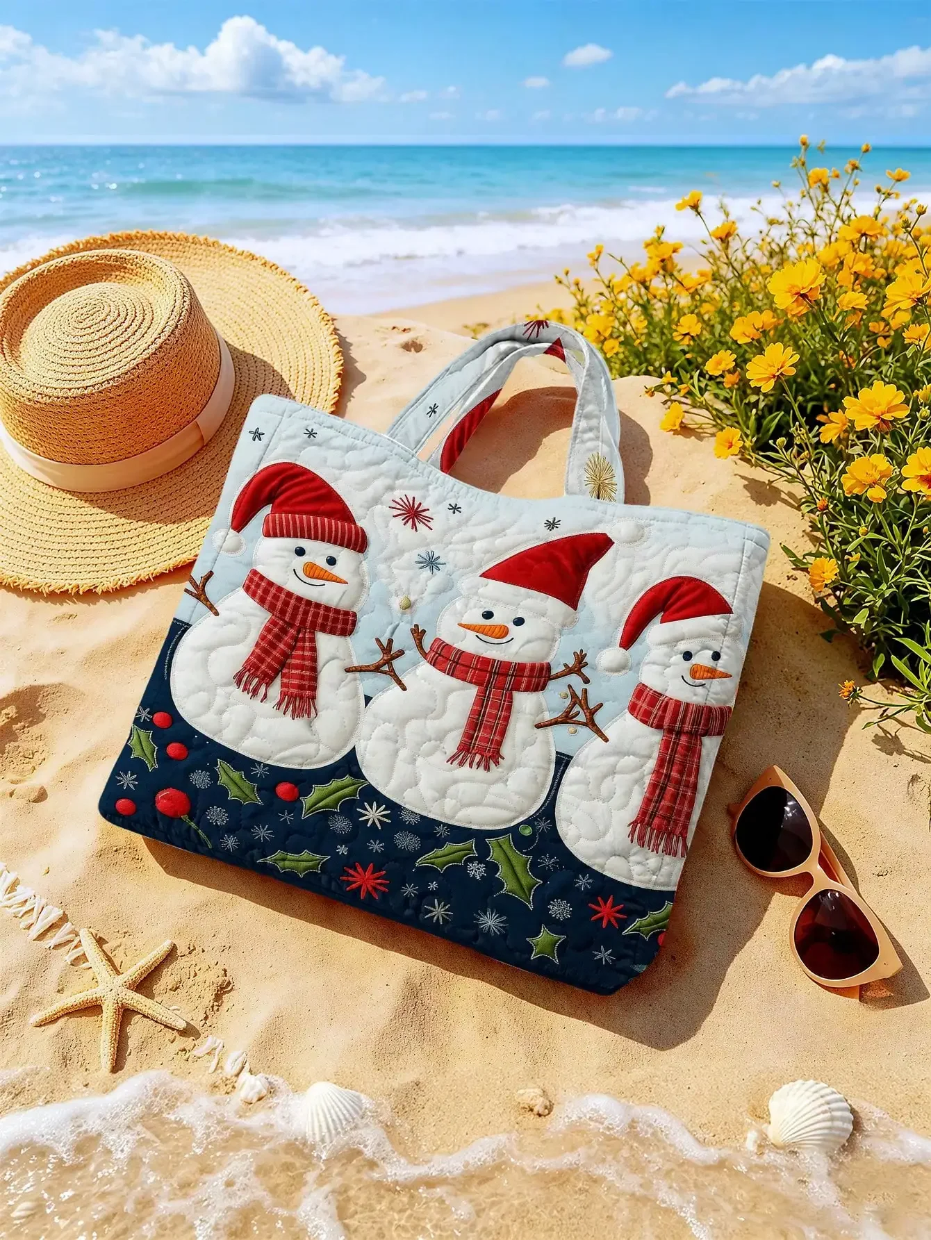 1PC Christmas Snowman Patchwork Quilted Tote Bag, Handbag, Open Design (No Zipper), 2D Flat Printing Soft, Lightweight, Durable, Not Easy To Wrinkle, Multi-Functional Travel And Daily Handheld, Daily Casual Carrying, Shopping Travel Bag,Suitable For Girls