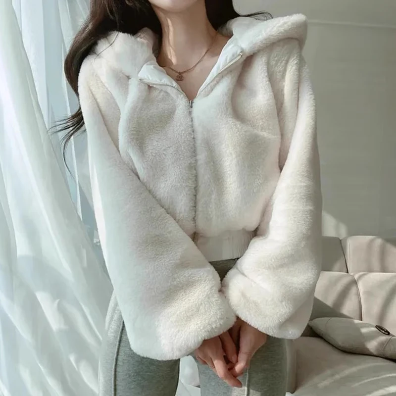 Chic hiver femmes fermeture éclair à capuche longue Sve couleur Pure ort manteau décontracté polyvalent coupe ample fourrure Jaet trajet Sle