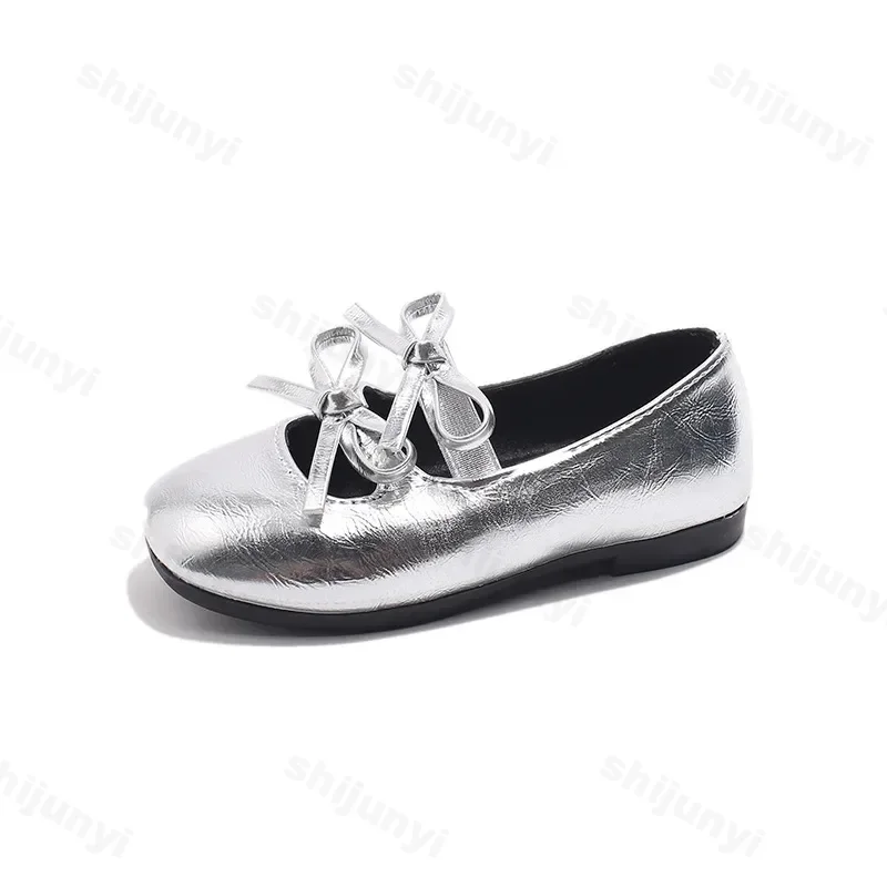 Princess Shoes for Girls New 2025 Fashion Double Bowknot Chic Children Mary Jane Shoes Gold Sliver Square Toe Elegant Kids Flats