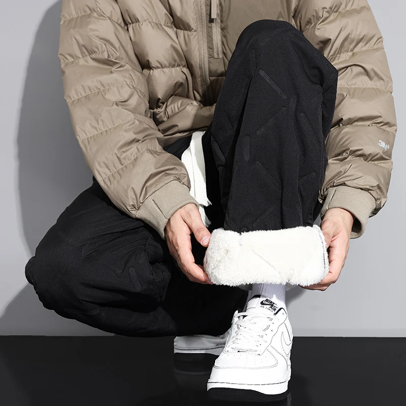 Men Winter new style Plush Thick Casual Trousers, Fashion Trendy, Full Lamb Fleece Lined, Thermal Super Warm Cold Season Pants