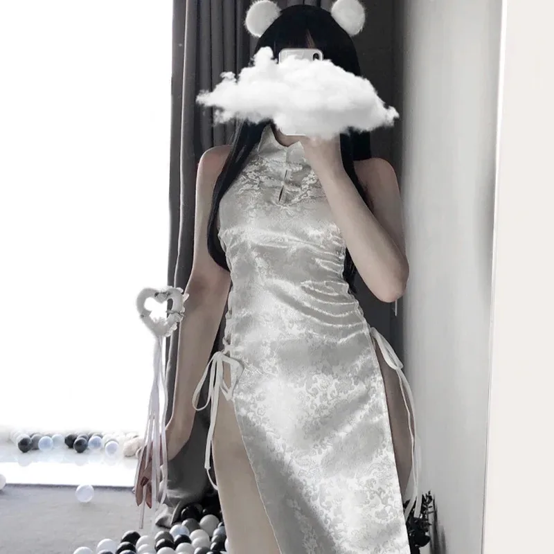 Sukienka Cheongsam w stylu retro z wysokim rozcięciem, ażurowa koronka, seksowna erotyczna bielizna, chińska tradycyjna sukienka na imprezę, kostiumy klubowe; rozmiar 6'x,9