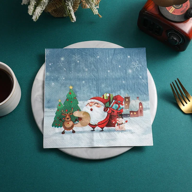 10/20p Christmas Party Decoration Paper Starry Snowflake Gift Printed Napkin Cartoon Christmas Elements Wine Glass Flower Paper