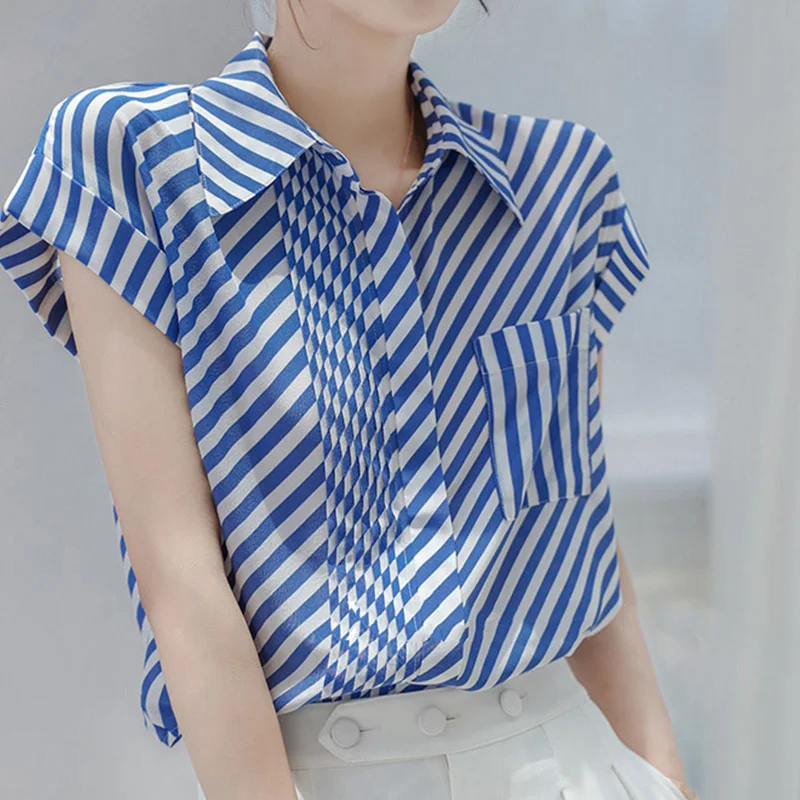 Versatile Blue White Striped Printed Short Sleeve Shirt Summer Polo-Neck Splicing Pockets Single Breasted Loose-fitting Blouse