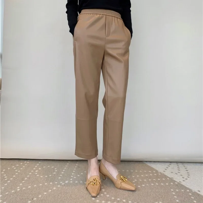 2024 Spring and Autumn New Leather Leather Pants Elastic Waist Design Oblique Pocket Sheepskin Nine-Point Pants Women