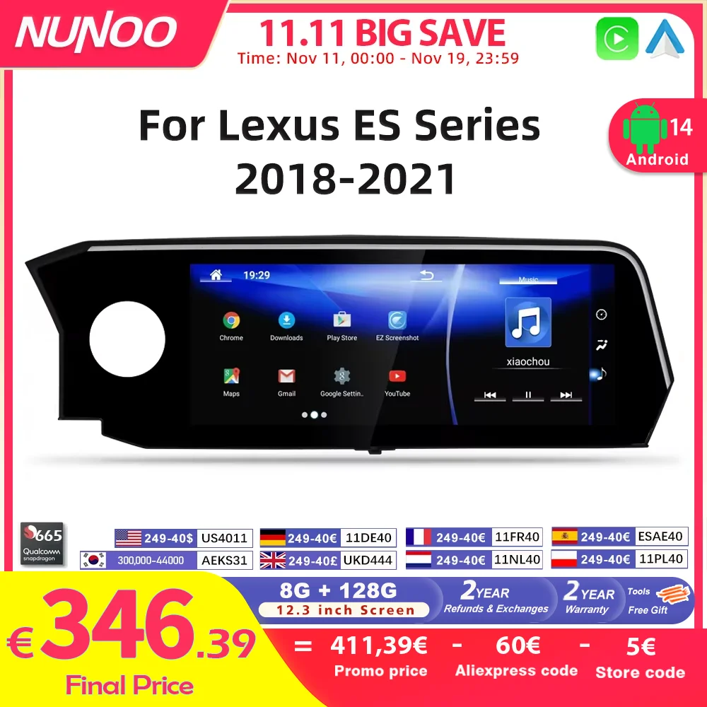 

Android 14 Carplay Screen For Lexus ES ES200 ES250 ES350 ES300h 2018-2021 8 Core Multimedia Player Car Monitor Video Navigation