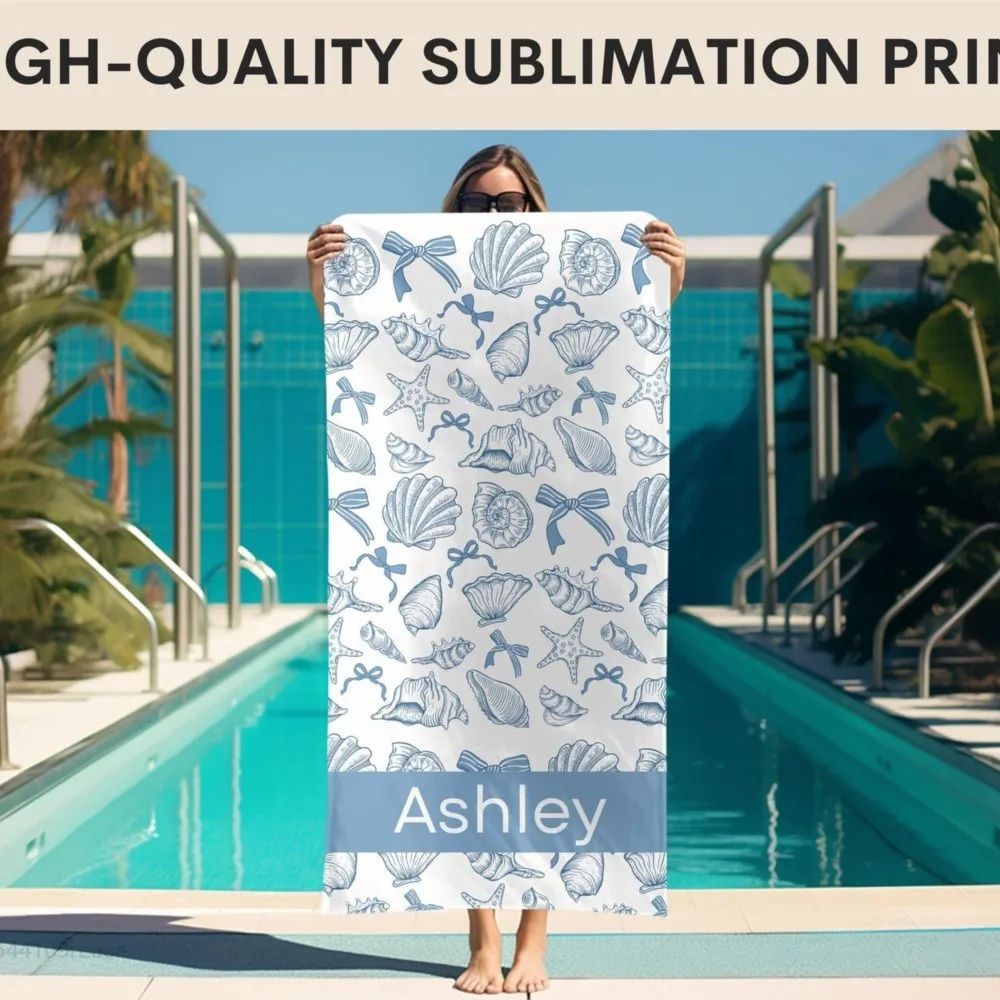 Personalized Seashells Beach Towel Custom Name/Text Oversized Microfiber Towel Summer Party Gift for Beach Swimming Bath Sports