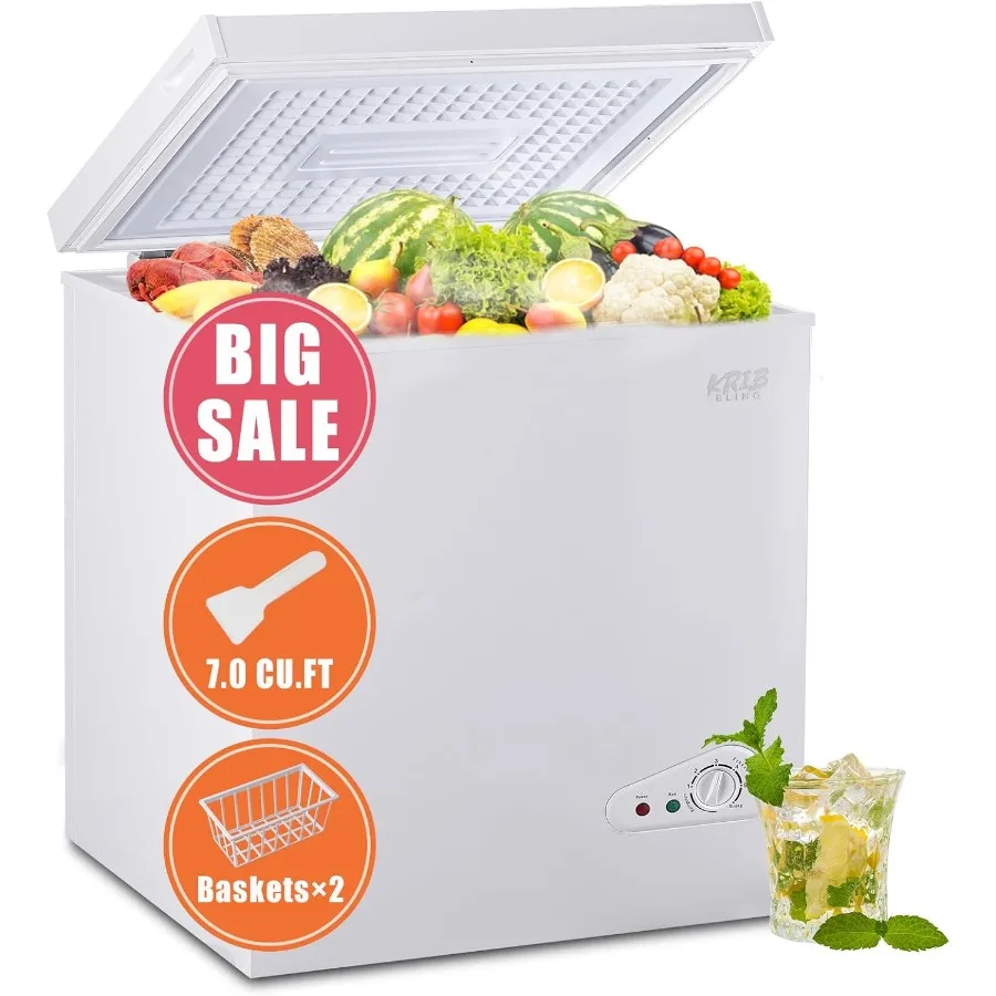 7.0 Cu.Ft Compact Chest Freezer with Removable Basket Top Door Open Freestanding Deep Freezer with 7 Gears Temperature Adjustme