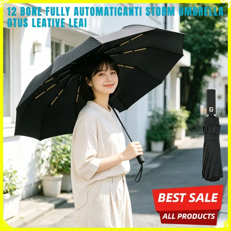 New Thick and Durable 12-rib Black Glue Fully Automatic Umbrella Anti-ultraviolet Foldable Umbrella for Both Sunny and Rainy Use
