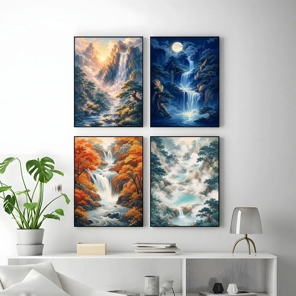 Four Seasons Waterfall Poster HD Versatile Waterproof Wall Decor Self Adhesive Perfect for Any Room & Ideal Gift