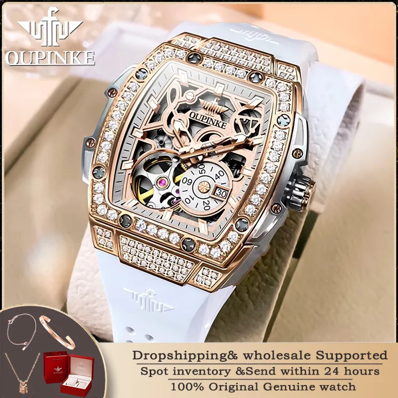 OUPINKE 3220 Original Women Mechanical Watch Luxury Imported Movement Women Automatic Watch Silicone Strap Skeleton Dress Watch