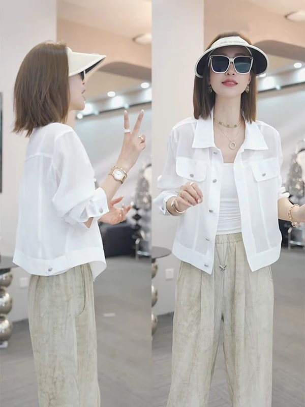Elegant Women's Ice Silk Sun Protection Shirt Spring Fashion High-End Feelings Shoulder-Length Outerwear Trendy Commute Style