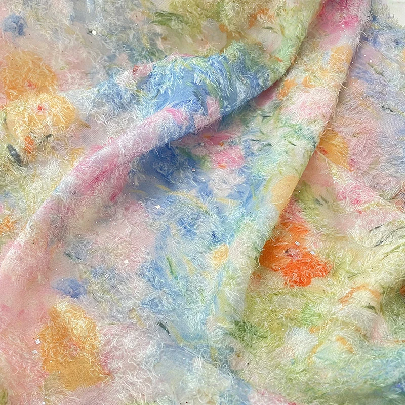 

100*145cm Retro Oil Painting Style Jacquard Fabric Chinese Style Dress Clothing DIY Sewing Plush Tassel Chiffon Designer Fabric