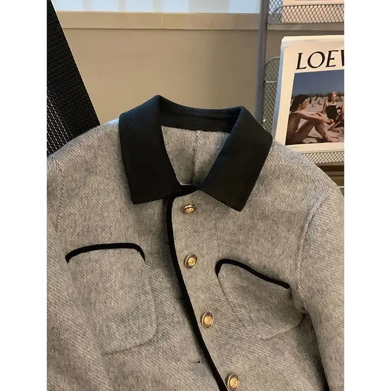 Short Grey Quilted Coats Vintage Women Clothing Contrast Lapel Woolen Jacket Autumn Winter Harajuku Jaquetas Chaqueta