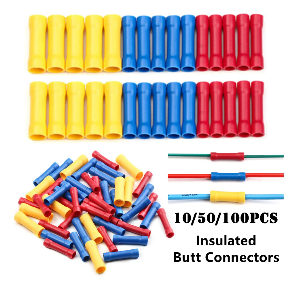 10/50/100 Pcs Straight Butt Wire Terminals Splice Insulated Crimp PVC Copper Tube Electrical Cable Connectors BV1.25 BV2.5 BV5.5