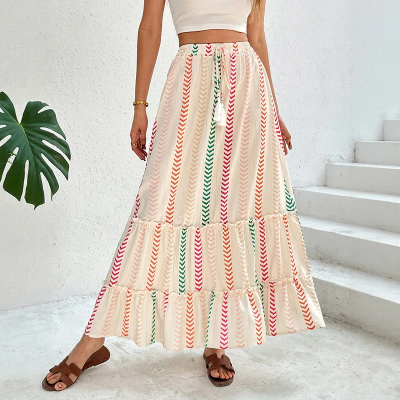 

2025 Summer New European and American Style Color Block Print Elastic Waist Bohemian Patchwork Skirt N001