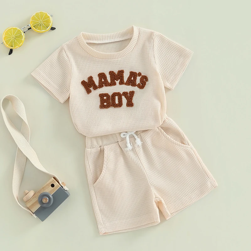 

Blotona Mamas Boy Baby Clothes Letter Embroidery Short Sleeve T-Shirt Shorts Set 2Pcs Waffle Knit Summer Outfit