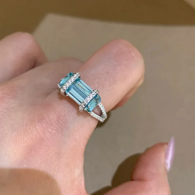 Fresh dopamine Small Square winding rings light luxury exquisite and high-end diamond inlay blue crystal ring adjustable jewelry - view 3