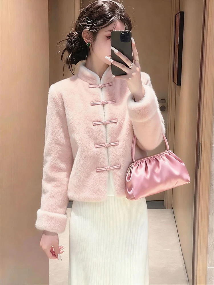 

Pink long sleeved buttoned jacket women 2025 new Chinese style autumn and winter temperament thick and warm short coat