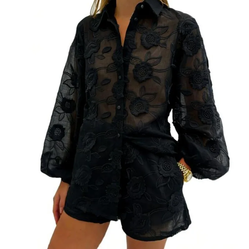 Women's White Floral Embroidery 2 Piece Set Sheer Mesh Long Sleeve Button Down Shirt + Drawstring Shorts Vacation Beach Outfit