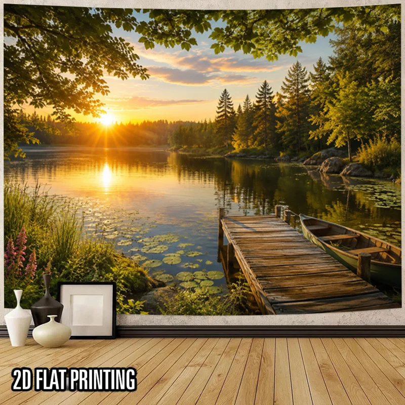 Beautiful Sunset Over Tranquil Lake Wooden Dock Nature Landscape Wall Tapestry for Home Decor