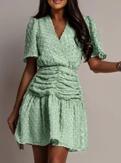 

Women's Dress 2025 Summer New Solid Color V-Neck Waist Cinched Short Sleeved Checkered Fashionable Casual Pleated Short Skirt