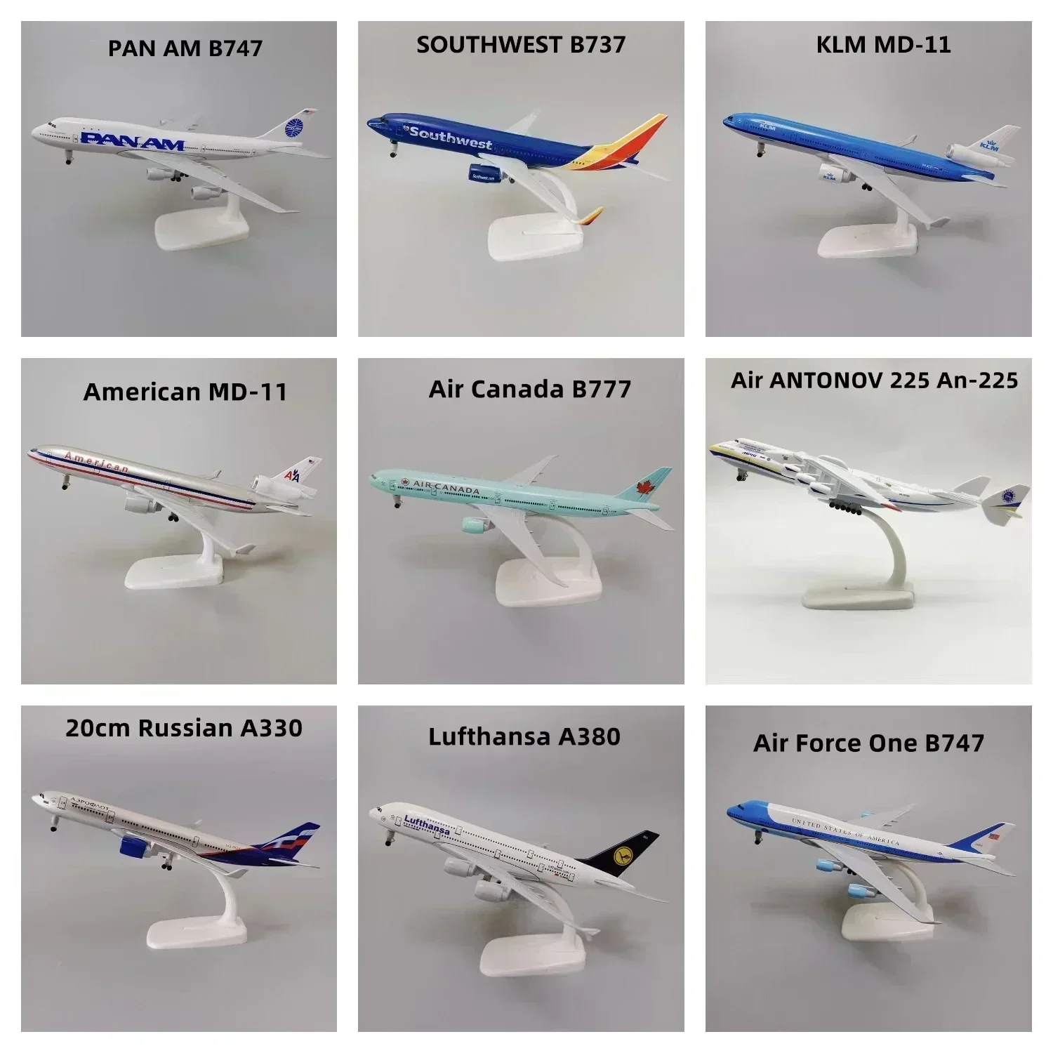 ANTONOV 225 An-225 KLM USA AA MD-11 France PAN AM Southwest Canda FORCE ONE Lufthansa Korean Alloy Plane Model Airplane 20cm