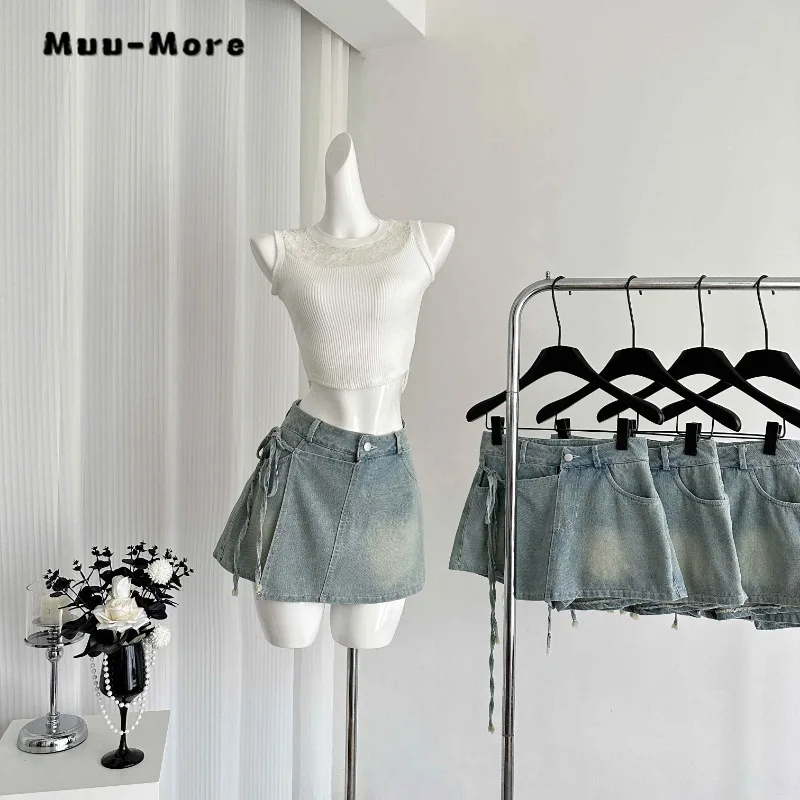 Fashion Hotsweet High Waist 2000S Blue Sheath Lace-up Denim Shorts Women's Casual Sexy Slim Fit Y2K Harajuku Style Shorts