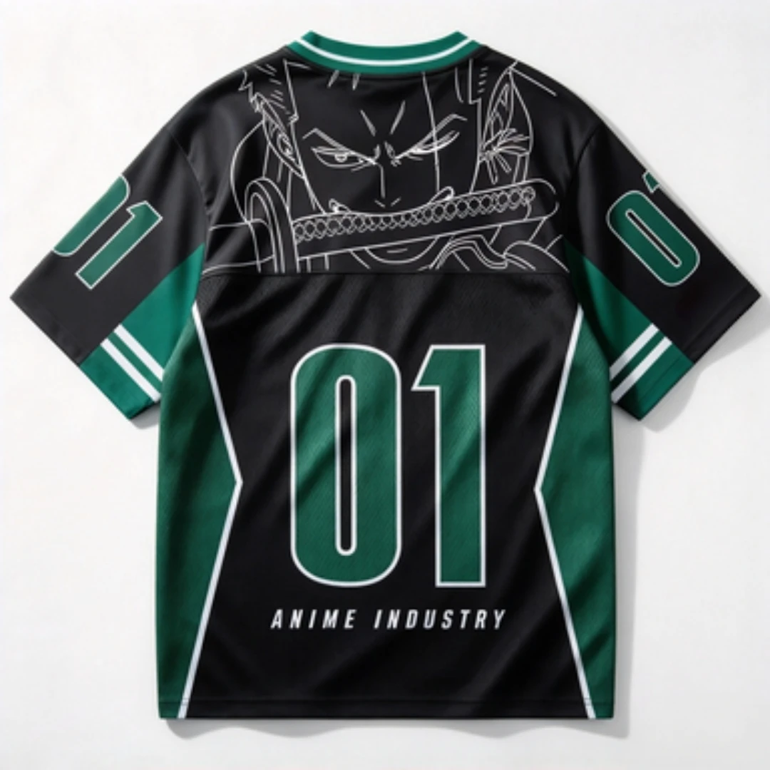 Pirate King Roronoa Solon Line Art Printed Mesh Breathable Black Green V-neck Pirate Skull Number 01 Pattern Loose Jersey