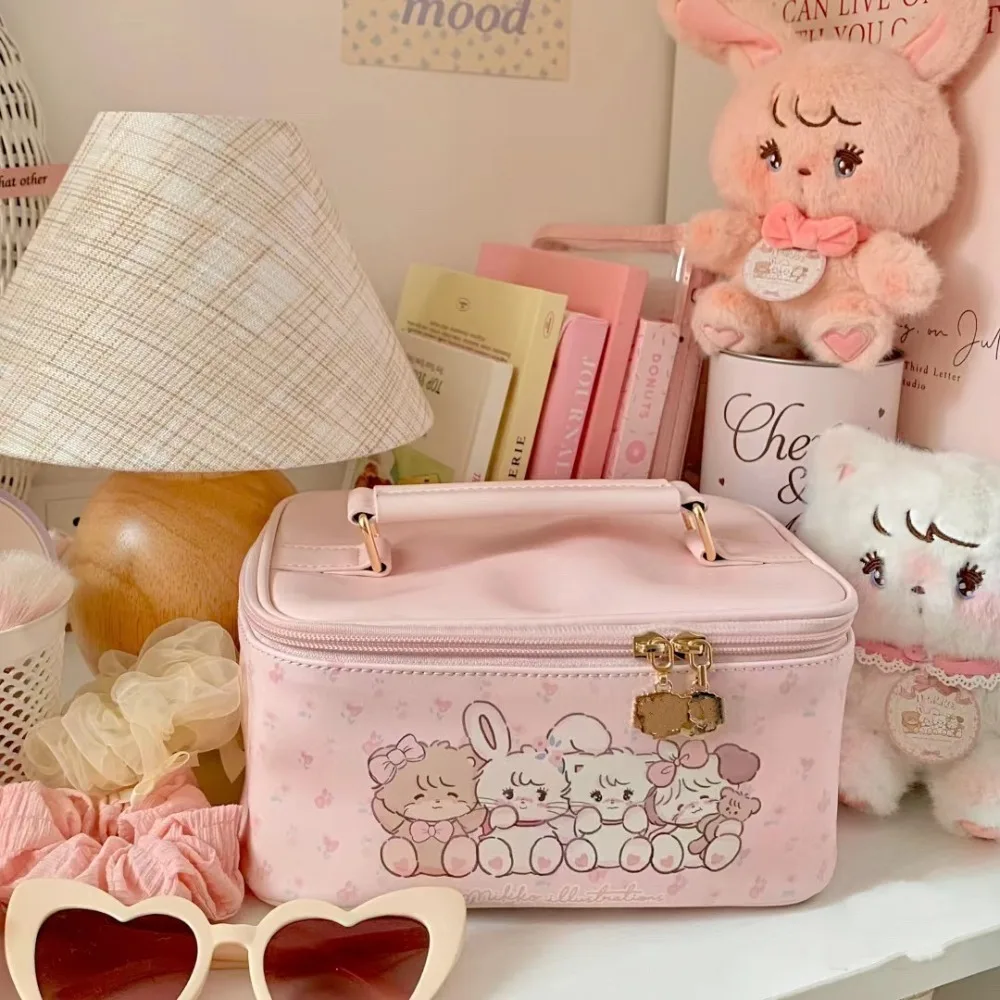 Kawaii Mikko Joint 2024 New Double-layer Bow Cosmetic Bag Cute Girly Heart Large Capacity Storage Bag Handbag Girls Gift