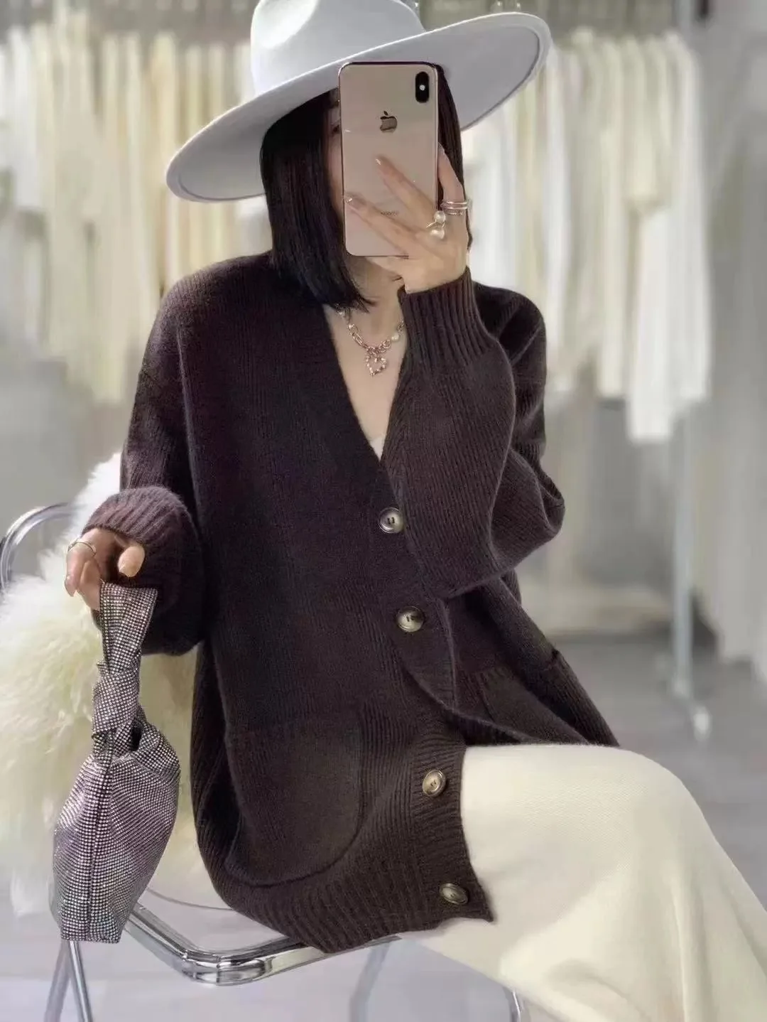 Fashion trend of quality in new high-end shopping malls in autumn and winter 23 women's sweater coat 100% pure wool cardigan