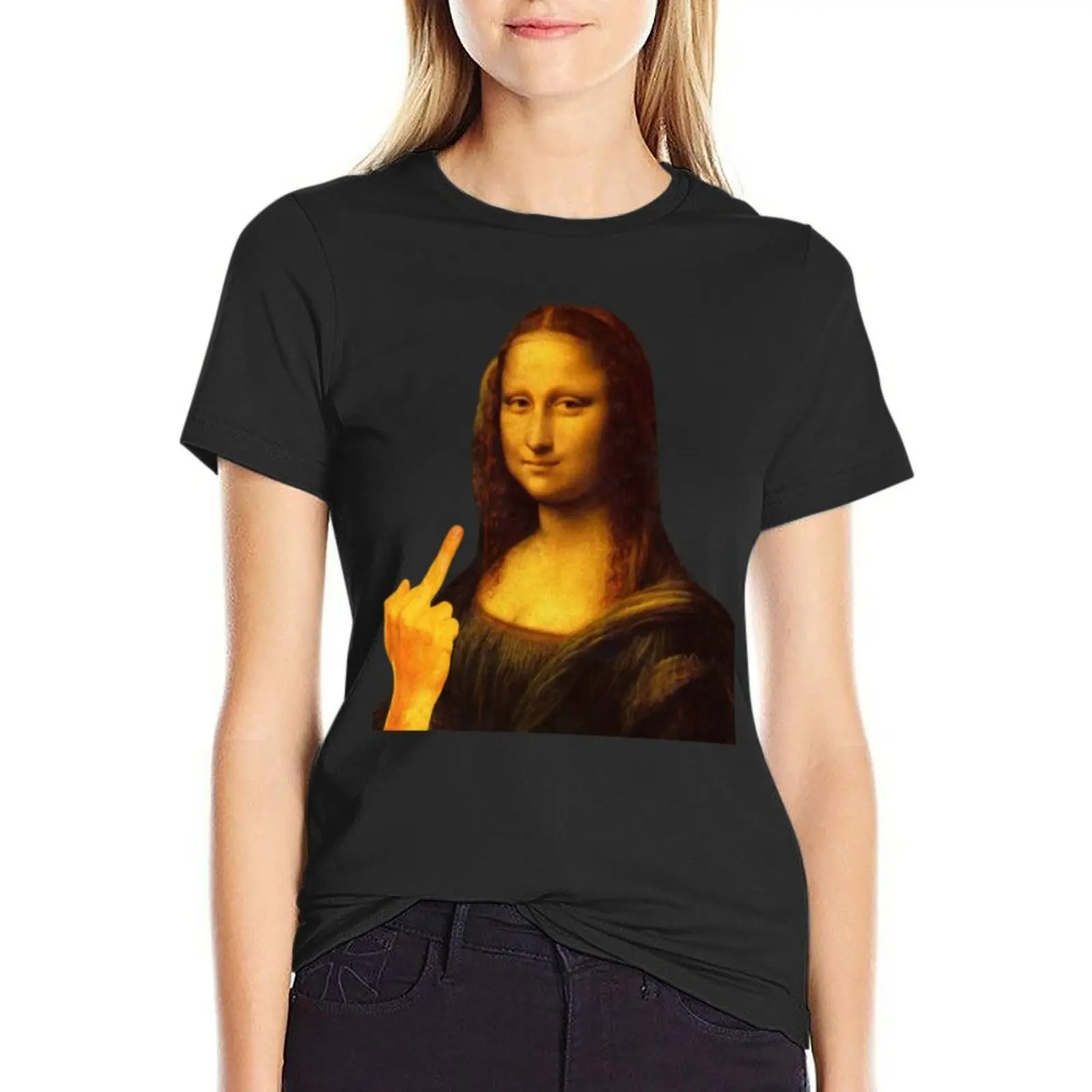 Mona Lisa-Autocollant de doigt du milieu pour femme, peinture drôle, T-shirt, vêtements vintage, t-shirts, robe graphique