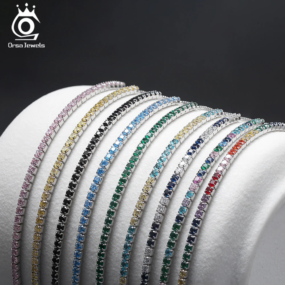 ORSA JEWELS 925 Sterling Silver 9 kolorów bransoletka tenisowa dla kobiet regulowana 2mm cyrkonia łańcuszek bransoletki biżuteria SB153
