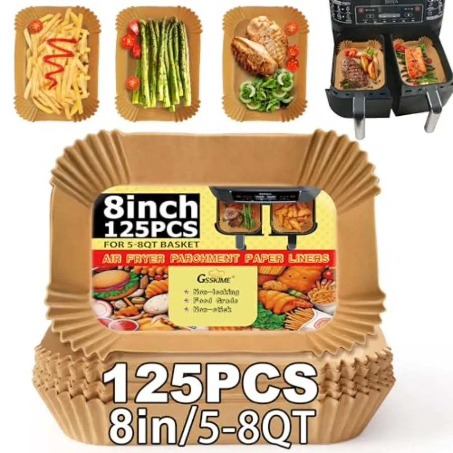 Air Fryer Liners Disposable, 125PCS Air Fryer Liners for Ninja 2-Basket Air Fryer, Natural Non-stick Airfryer Liners, 8.6x5.5 I