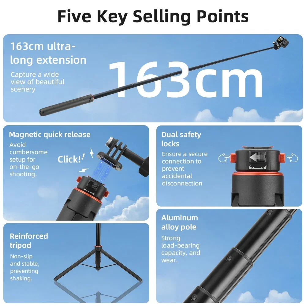 163 cm Tripod for DJI Action 5 Pro/Insta360 X4 X3/Gopro 13 12/Pocket 3 Monopod Extendable Selfie Stick Shooting Live