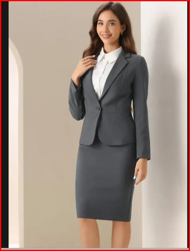 

Women's Suit Set Formal Gray Single Breasted Blazer Skirt Professional Workwear for Ladies Slim 2 Piece