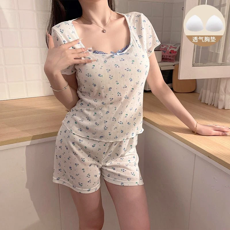

2026 Summer Short Sleeve Shorts 100% Cotton Print Pajama Sets for Women Korean Cute Sleepwear Homewear Pijama Mujer Home Clothes