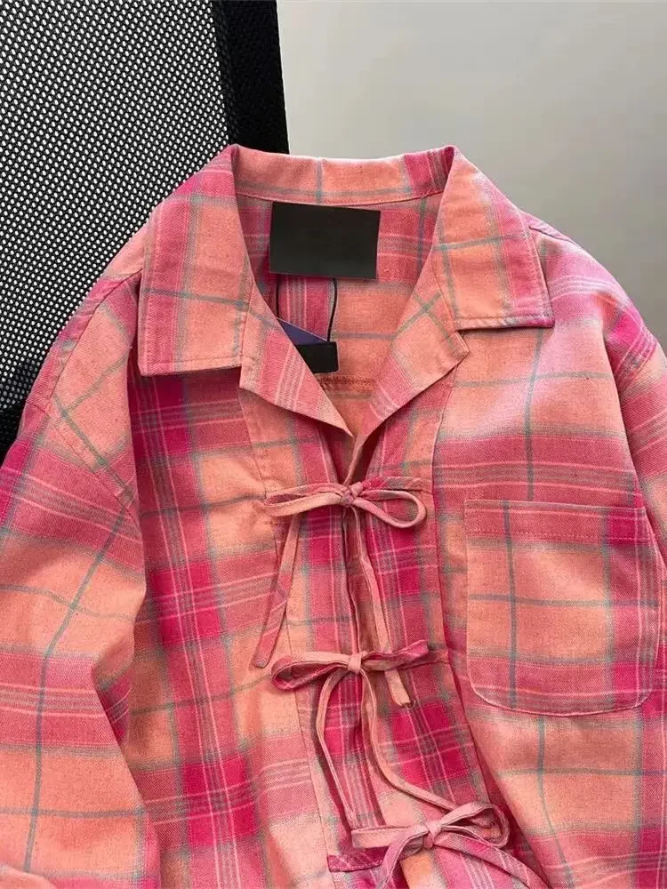 Y2K 아메리칸 빈티지 핑크 플래드 셔츠 여성 여름 패션 신상 라펠 넥 블라우스 루즈핏 긴팔 블라우스