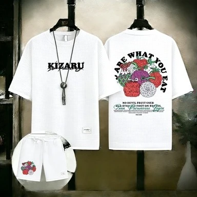 

2026 One Piece Rubber Fruit Set for Men - Summer Waffle Short Sleeve Shorts - Fake Two-Piece Loose Casual Sports Outfit