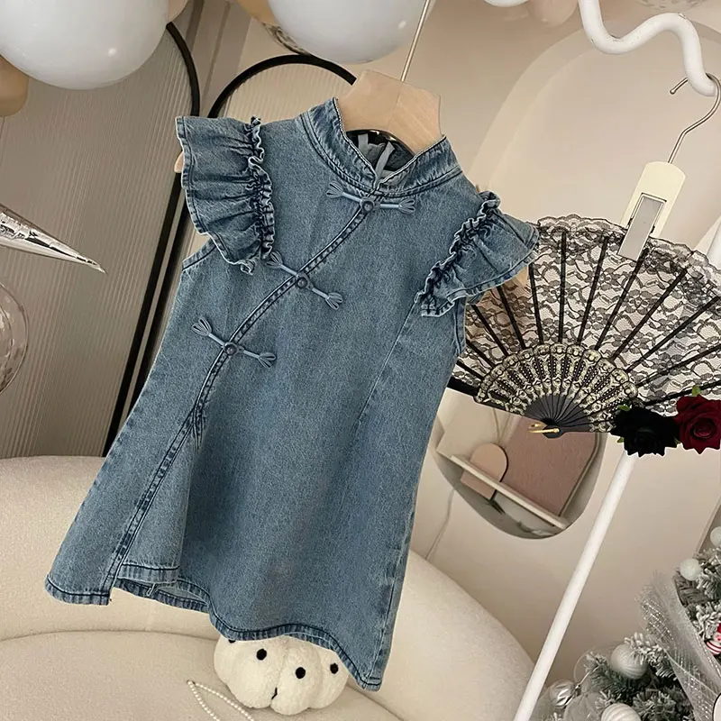 Robe d\'été en fibre de bois pour filles de 2 à 7 ans, vêtement en denim, couleur unie, nouvelle collection