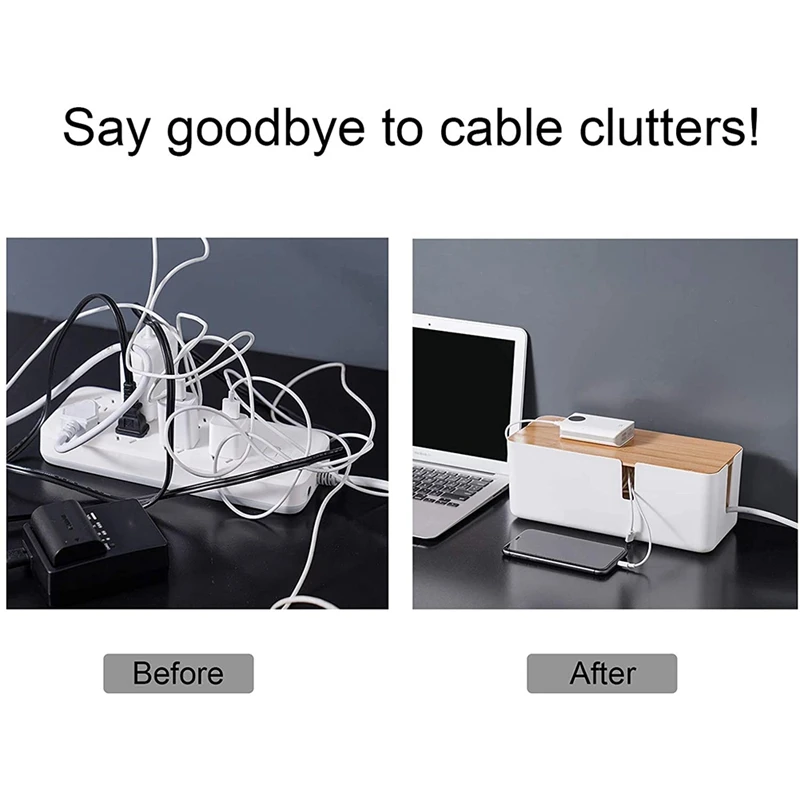 Caja de gestión de cables con tapa de bambú, organizador de cables pequeño, Protector contra sobretensiones de banda de alimentación de Cable de extensión