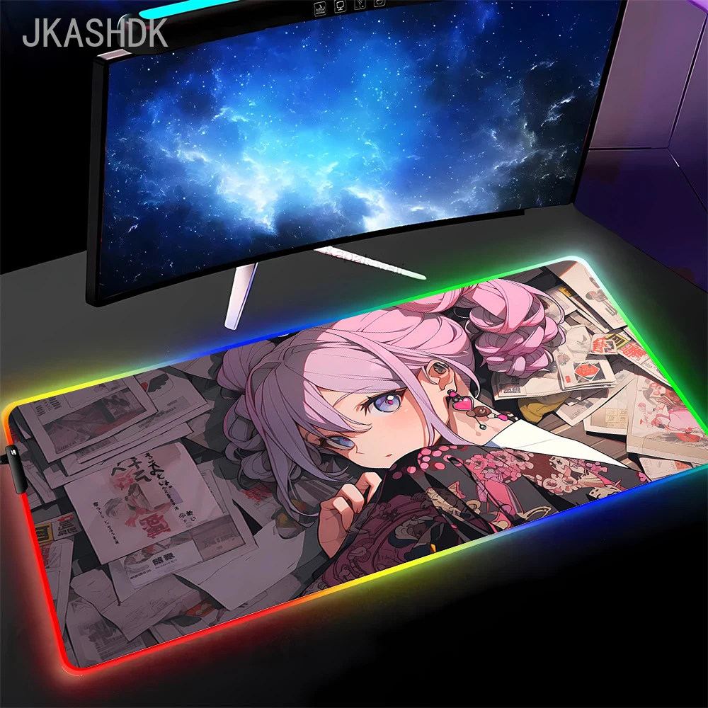 Kawaii Rosa HD Mouse Pad RGB PC Anime Girl Tastiera Mousepad LED Laptop Pc Accessori da gioco Cool Desk Mat XXL Tappeto colorato