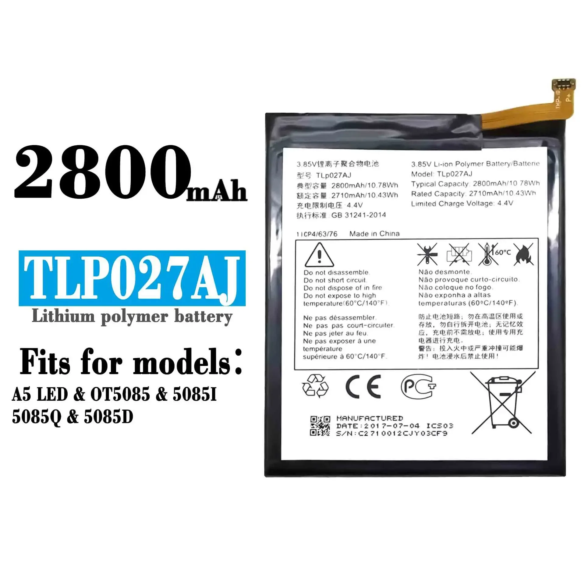 High Quality Replacement Battery For Alcatel A5 LED OT5085 TLP027AJ New Built-in Large Capacity Lithium Batteries