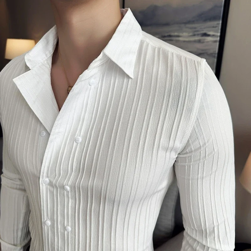 Men\'s Solid Color Long-Sleeved Shirt Fashionable Elegant Double-Breasted Ball Nightclub Tops Striped Lapel Shirt