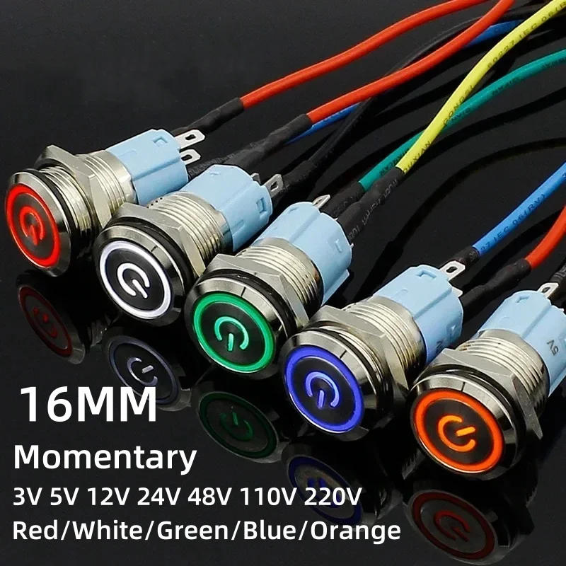 1PC 16mm Flat Head Metal Push Button Switch with Light Self-Reset Momentary 12V 24V 220V Push Button Waterproof LED Metal Switch