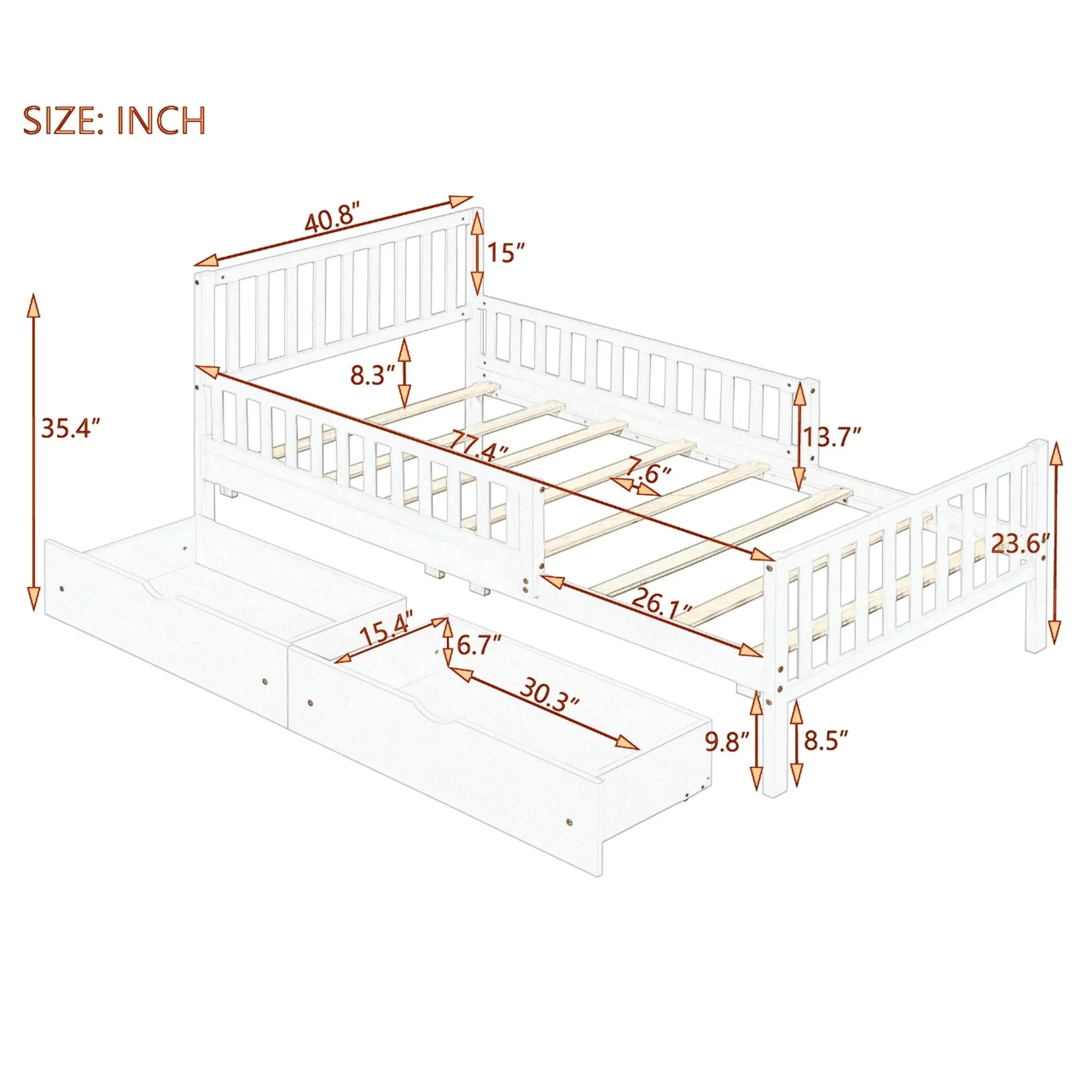 Twin Size Kids Bed with Rails, Wooden Low Beds Frame with Slats Support, Modern Twin Daybed with Detachable Side Rails