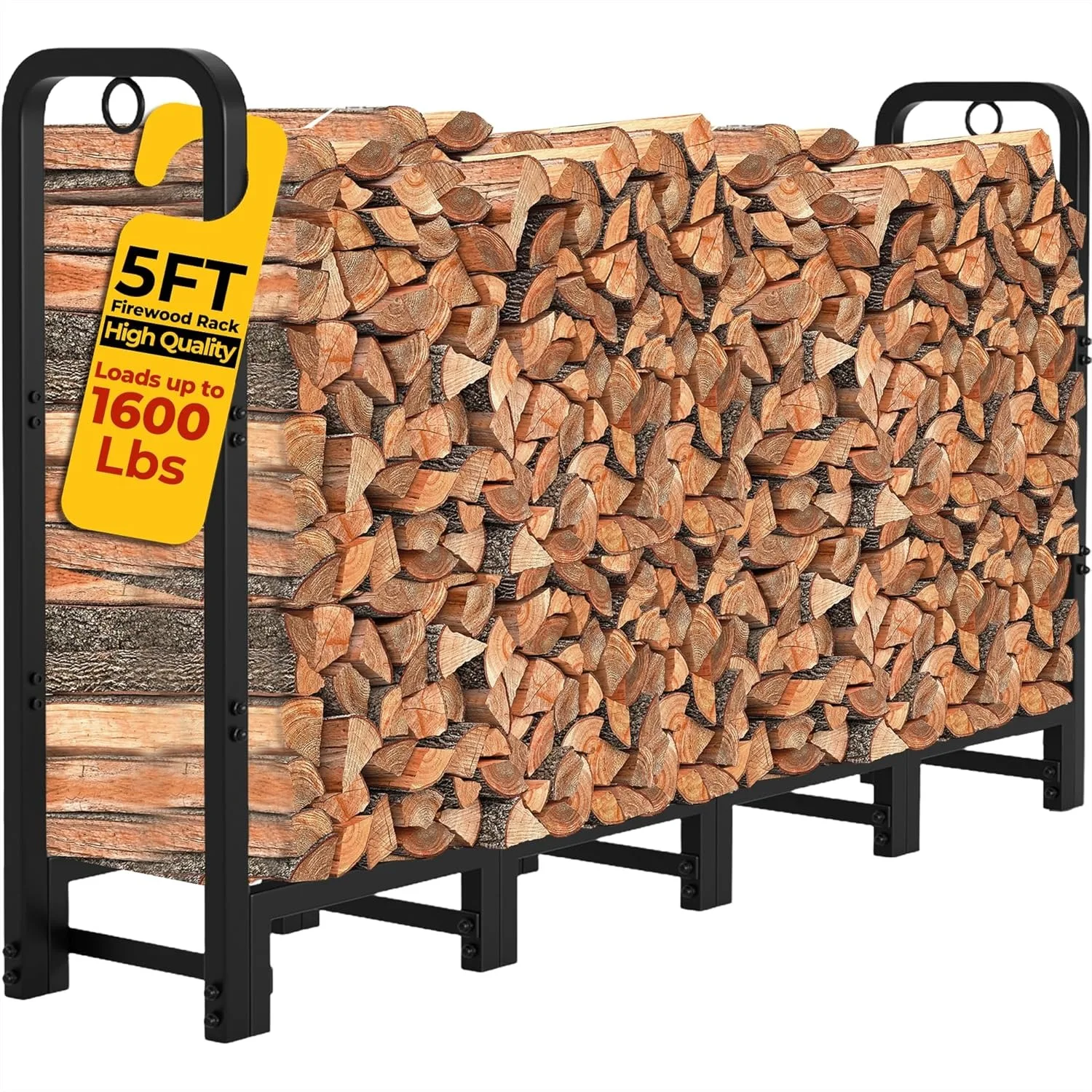 

Heavy Duty Firewood Log Rack 5ft Outdoor Indoor, 1600 lbs Capacity, Adjustable Wood Holder for Fireplace, Black